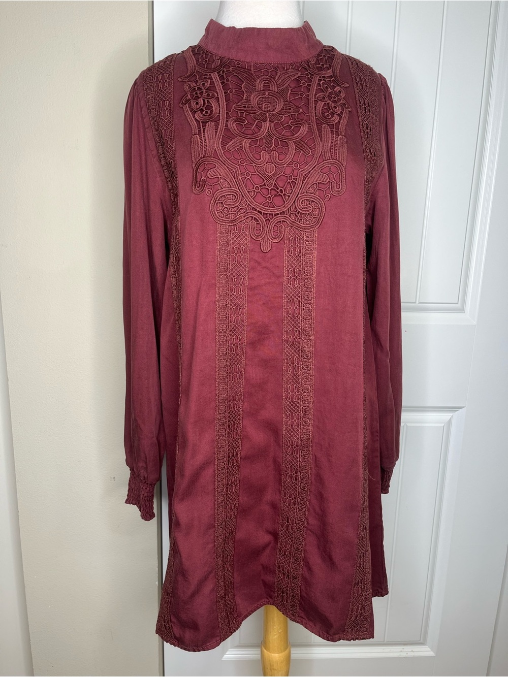 Jackson Rowe Womens Maroon Brick Red Mini Dress Lace Long Sleeve Boho Mock Neck